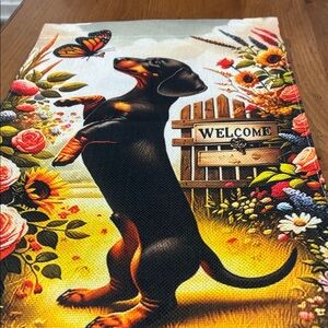 Dachshund Welcome garden flag with Floral Design - Black and Brown